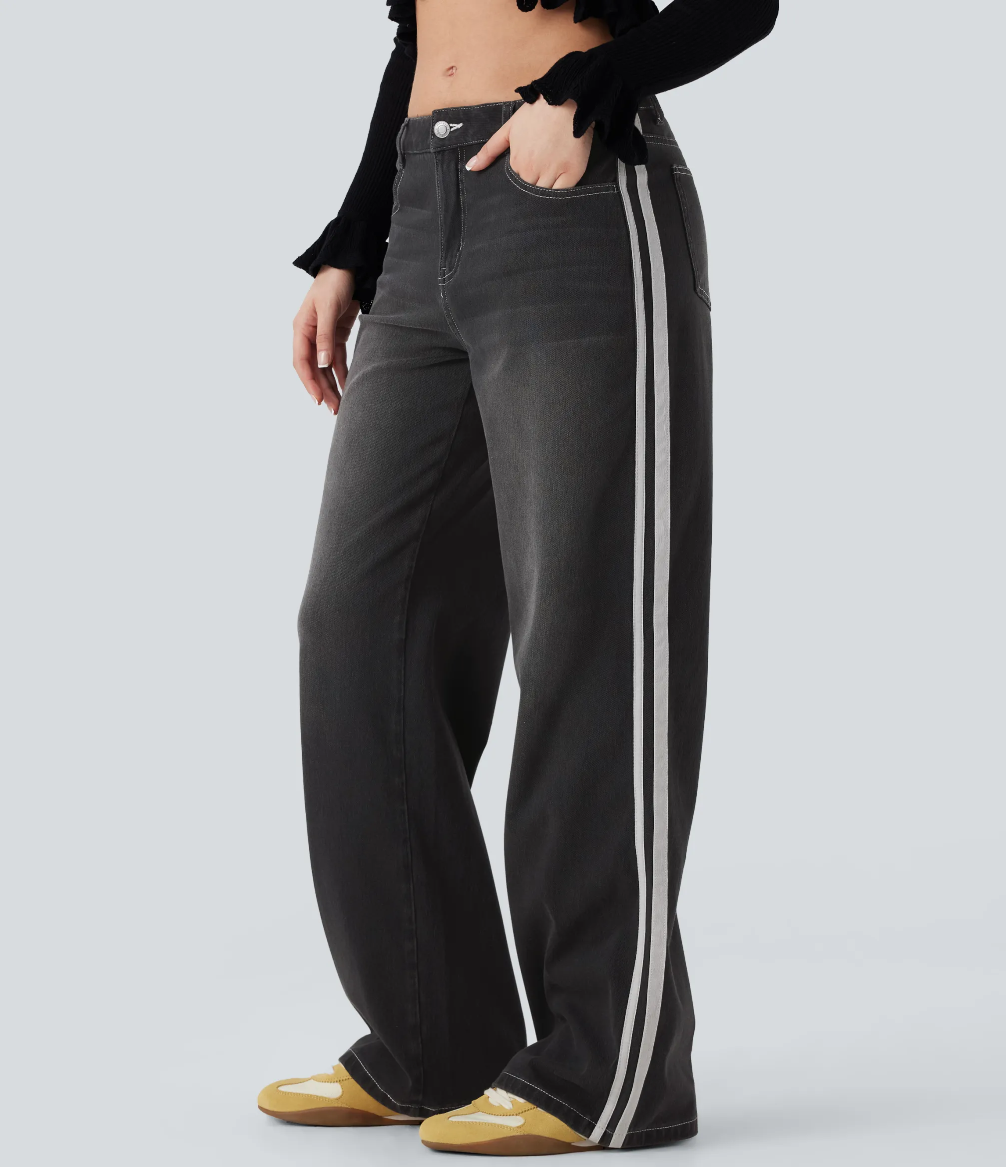 Wide Leg Jeans|Jeans<HALARA Flex™ Low Rise Stripe Wide Leg Washed Casual Jeans with Pockets
