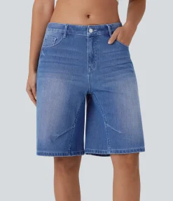 Denim Shorts|Denim Shorts<HALARA Flex™ Low Rise Washed Denim Casual Bermuda Shorts with Pockets