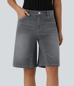 Denim Shorts|Denim Shorts<HALARA Flex™ Low Rise Washed Denim Casual Bermuda Shorts with Pockets
