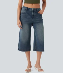 Jeans<HALARA Flex™ Low Rise Washed Casual Capri Baggy Jeans with Pockets