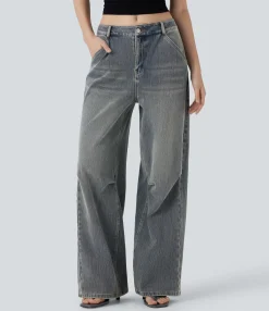 Wide Leg Jeans|Jeans<HALARA Flex™ Low Rise Wide Leg Washed Casual Jeans with Pockets