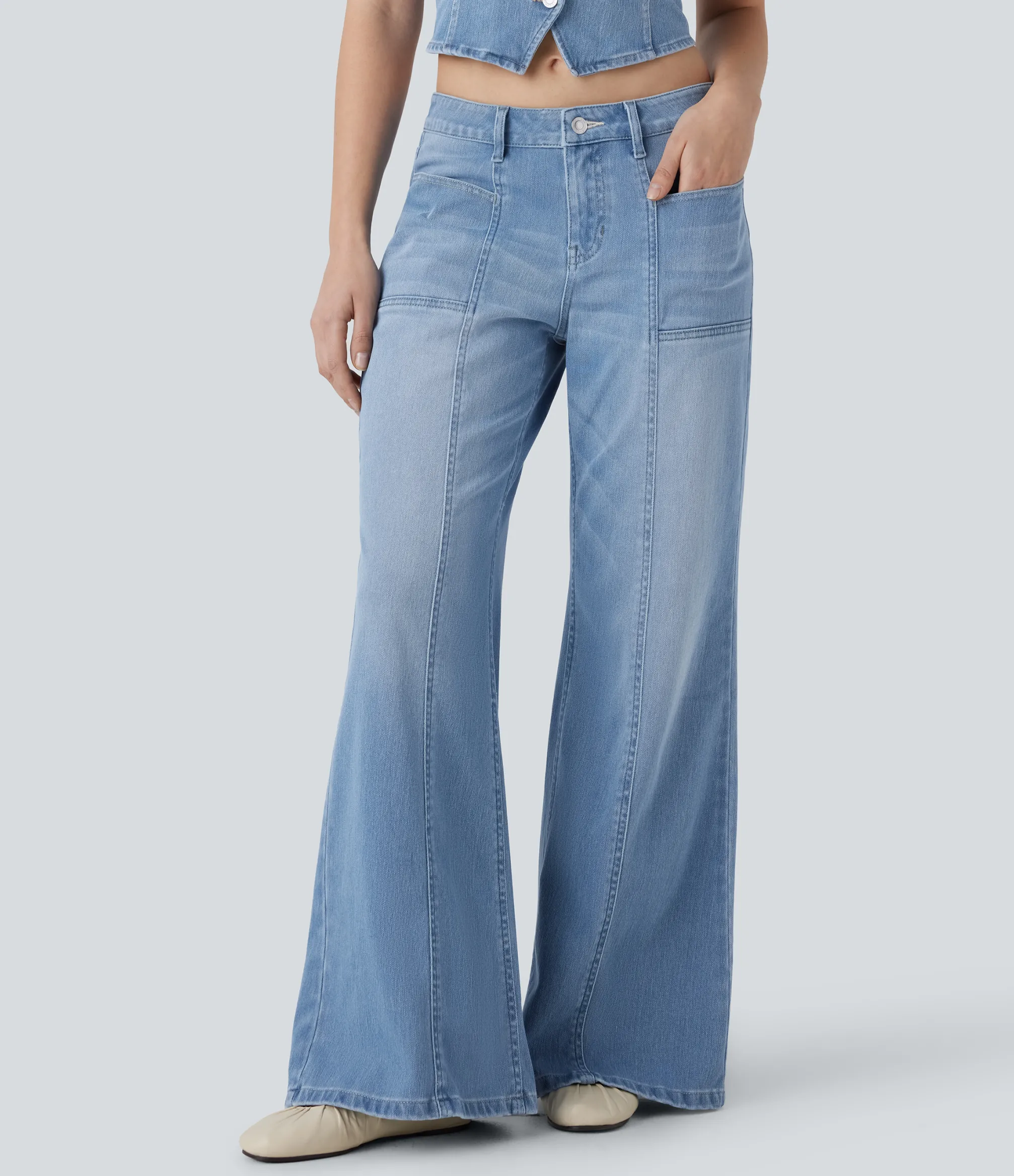 Flare & Bootcut Jeans|Wide Leg Jeans<HALARA Flex™ Low Rise Zipper Pockets Baggy Wide Leg Flare Washed Casual Jeans