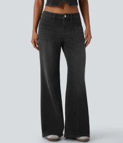 Flare & Bootcut Jeans|Wide Leg Jeans<HALARA Flex™ Low Rise Zipper Pockets Baggy Wide Leg Flare Washed Casual Jeans