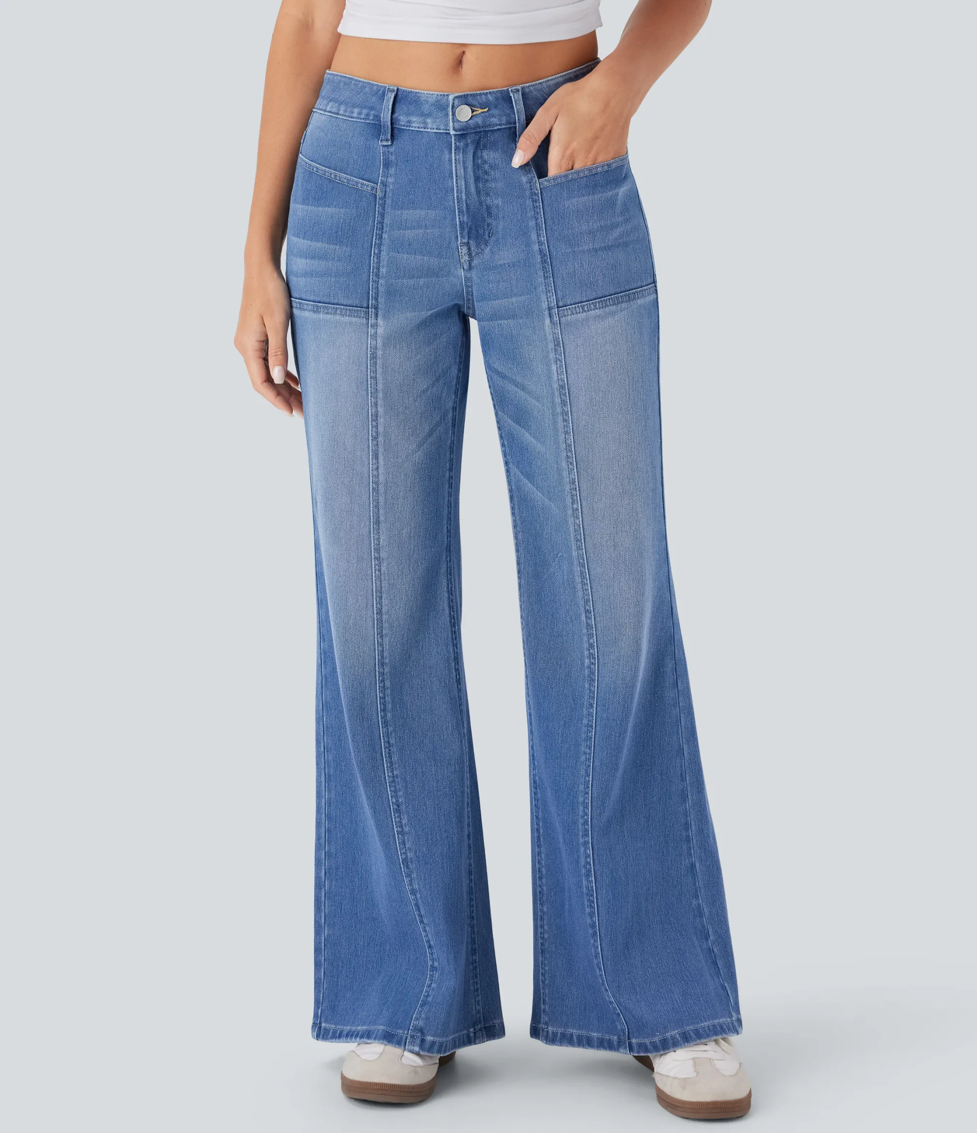Flare & Bootcut Jeans|Wide Leg Jeans<HALARA Flex™ Low Rise Zipper Pockets Baggy Wide Leg Flare Washed Casual Jeans