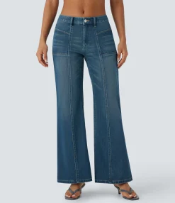 Flare & Bootcut Jeans|Wide Leg Jeans<HALARA Flex™ Low Rise Zipper Pockets Baggy Wide Leg Flare Washed Casual Jeans