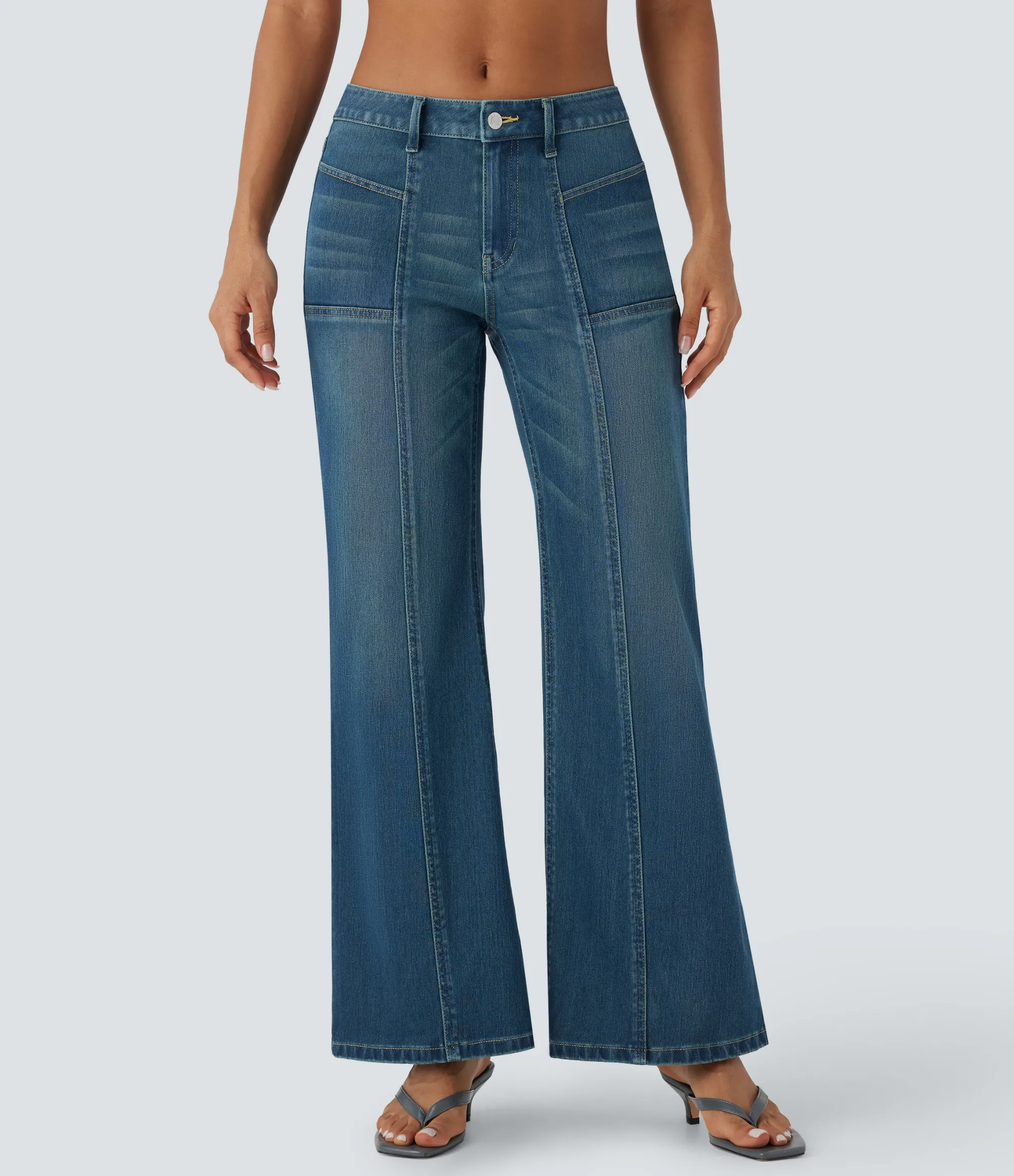 Flare & Bootcut Jeans|Wide Leg Jeans<HALARA Flex™ Low Rise Zipper Pockets Baggy Wide Leg Flare Washed Casual Jeans