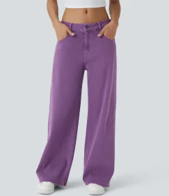 Wide Leg Jeans|Colored Jeans<HALARA Flex™ Low Rise Zipper Pockets Colorful Baggy Wide Leg Casual Jeans