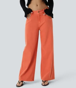 Wide Leg Jeans|Colored Jeans<HALARA Flex™ Low Rise Zipper Pockets Colorful Baggy Wide Leg Casual Jeans
