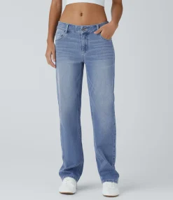 Straight-Leg Jeans|Jeans<HALARA Flex™ Low Rise Zipper Pockets Straight Leg Washed Casual Jeans