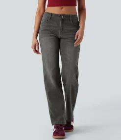Straight-Leg Jeans|Jeans<HALARA Flex™ Low Rise Zipper Pockets Straight Leg Washed Casual Jeans
