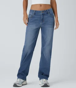Straight-Leg Jeans|Jeans<HALARA Flex™ Low Rise Zipper Pockets Straight Leg Washed Casual Jeans