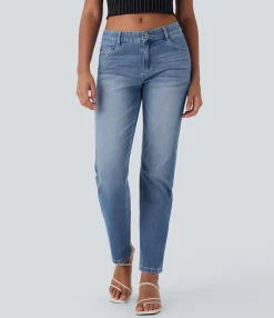 Straight-Leg Jeans|Jeans<HALARA Flex™ Low Rise Zipper Pockets Straight Leg Washed Casual Jeans