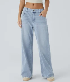 Wide Leg Jeans|Jeans<HALARA Flex™ Low Rise Zipper Pockets Washed Baggy Wide Leg Casual Jeans