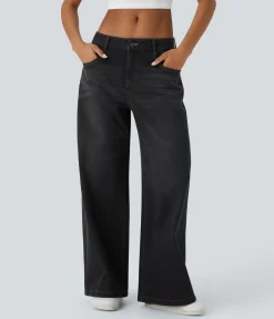 Wide Leg Jeans|Jeans<HALARA Flex™ Low Rise Zipper Pockets Washed Baggy Wide Leg Casual Jeans