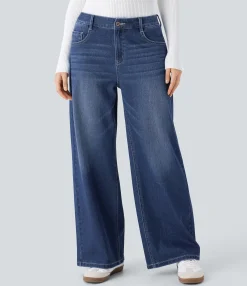 Wide Leg Jeans|Jeans<HALARA Flex™ Low Rise Zipper Pockets Washed Baggy Wide Leg Casual Jeans