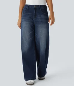 Wide Leg Jeans|Jeans<HALARA Flex™ Low Rise Zipper Pockets Washed Baggy Wide Leg Casual Jeans