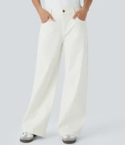 Wide Leg Jeans|Jeans<HALARA Flex™ Low Rise Zipper Pockets Washed Baggy Wide Leg Casual Jeans