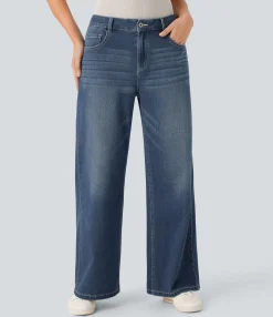 Wide Leg Jeans|Jeans<HALARA Flex™ Low Rise Zipper Pockets Washed Baggy Wide Leg Casual Jeans