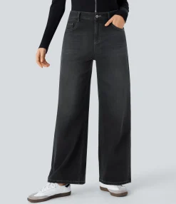 Wide Leg Jeans|Jeans<HALARA Flex™ Low Rise Zipper Pockets Washed Baggy Wide Leg Casual Jeans