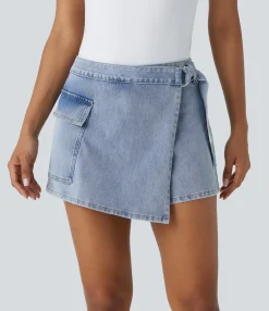 Denim Skirts|Mini Skirts<HALARA Flex™ Low Rise Zipper Belted Pocket Denim Casual Skort