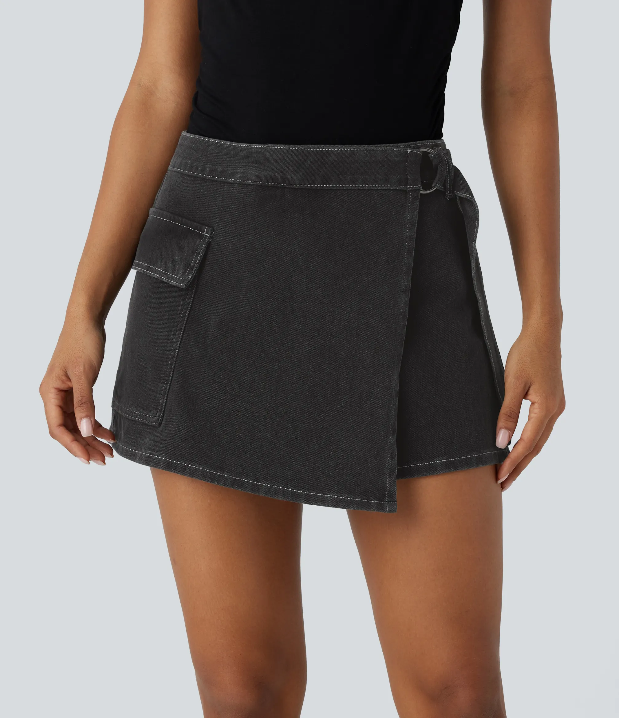 Denim Skirts|Mini Skirts<HALARA Flex™ Low Rise Zipper Belted Pocket Denim Casual Skort
