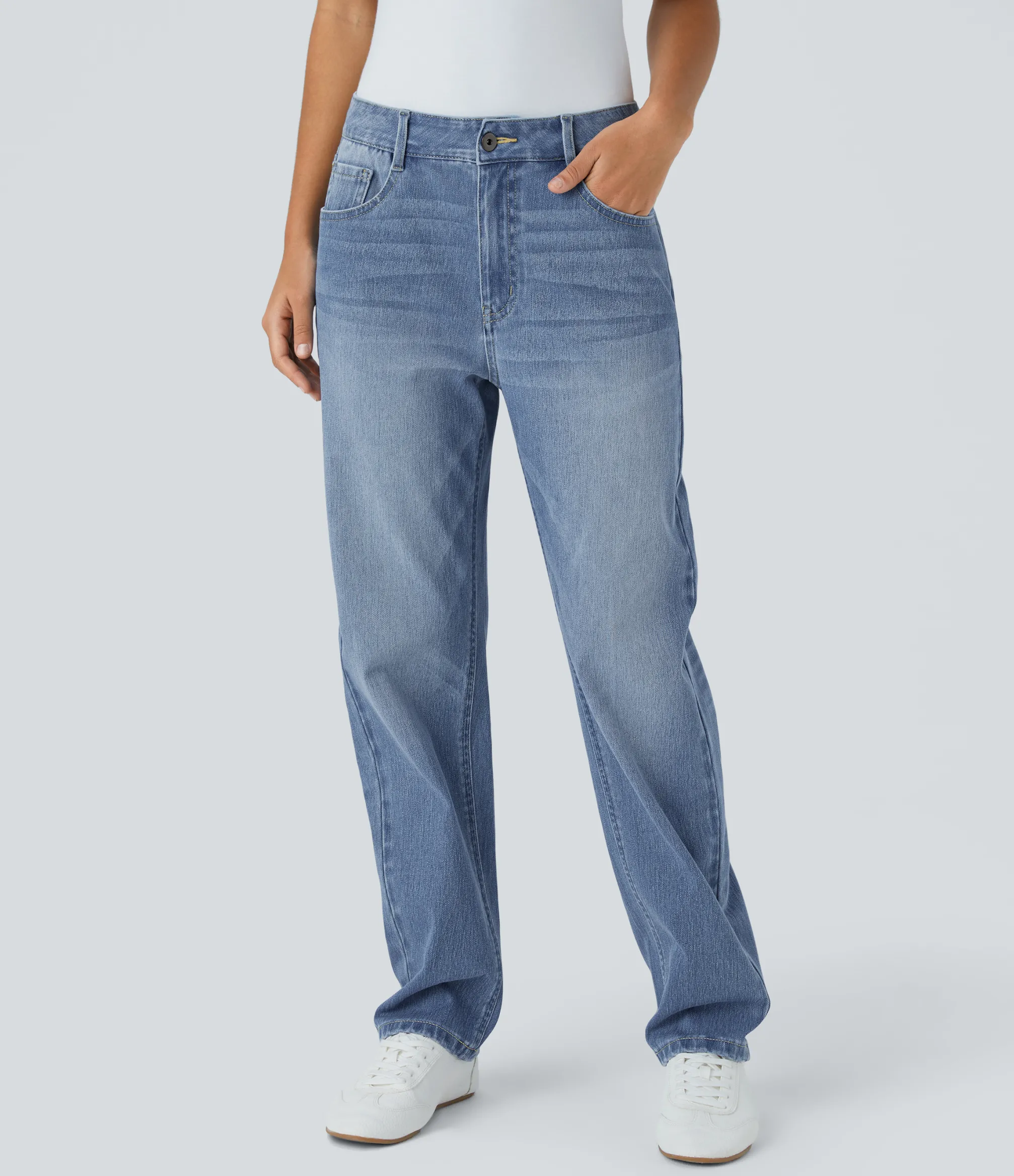 Jeans<HALARA Flex™ Mid Low Rise Zipper Pockets Washed Casual Mom Jeans