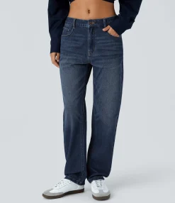 Jeans<HALARA Flex™ Mid Low Rise Zipper Pockets Washed Casual Mom Jeans