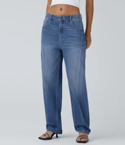 Jeans<HALARA Flex™ Mid Low Rise Zipper Pockets Washed Casual Baggy Mom Jeans