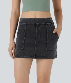 Denim Skirts|Denim Skirts<HALARA Flex™ Mid Rise A-line Mini Washed Denim Casual Skirt with Pockets