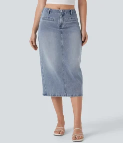 Denim Skirts|Straight-Leg Jeans<HALARA Flex™ Mid Rise Back Midi Washed Denim Casual Straight Skirt with Pockets