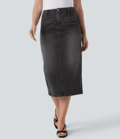 Denim Skirts|Straight-Leg Jeans<HALARA Flex™ Mid Rise Back Midi Washed Denim Casual Straight Skirt with Pockets