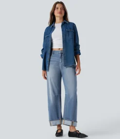 Jeans<HALARA Flex™ Mid Rise Barrel Leg Washed Casual Jeans with Pockets