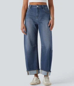 Jeans<HALARA Flex™ Mid Rise Barrel Leg Washed Casual Jeans with Pockets