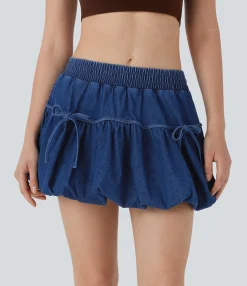 Denim Skirts|Mini Skirts<HALARA Flex™ Mid Rise Bow 2-in-1 Mini Washed Denim Casual Bubble Skirt
