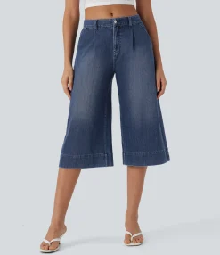 Wide Leg Jeans|Jeans<HALARA Flex™ Mid Rise Capri Wide Leg Washed Casual Jeans with Pockets