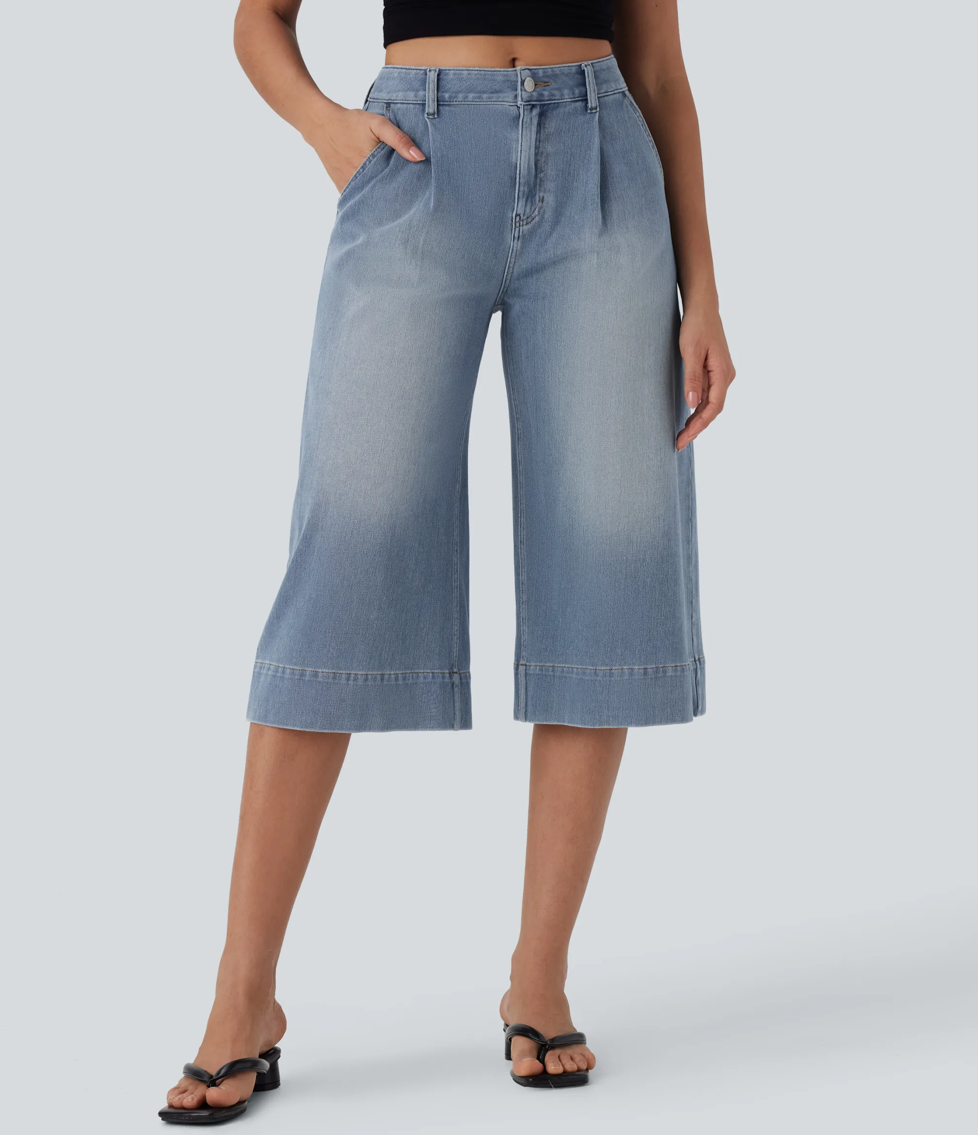 Wide Leg Jeans|Jeans<HALARA Flex™ Mid Rise Capri Wide Leg Washed Casual Jeans with Pockets