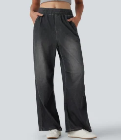Jeans<HALARA Flex™ Mid Rise Casual Baggy Jeans with Pockets