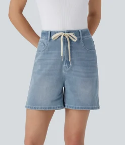 Denim Shorts|Denim Shorts<HALARA Flex™ Mid Rise Drawstring Pockets Washed Denim Casual Shorts