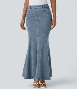 Denim Skirts|Maxi & Midi Skirts<HALARA Flex™ Mid Rise Maxi Washed Denim Casual Mermaid Skirt with Pockets