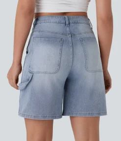 Denim Shorts|Denim Shorts<HALARA Flex™ Mid Rise Pockets Washed Denim Casual Bermuda Shorts
