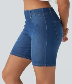 Denim Shorts|Denim Shorts<HALARA Flex™ Mid Rise Pockets Skinny Cool Touch Washed Denim Casual Shorts