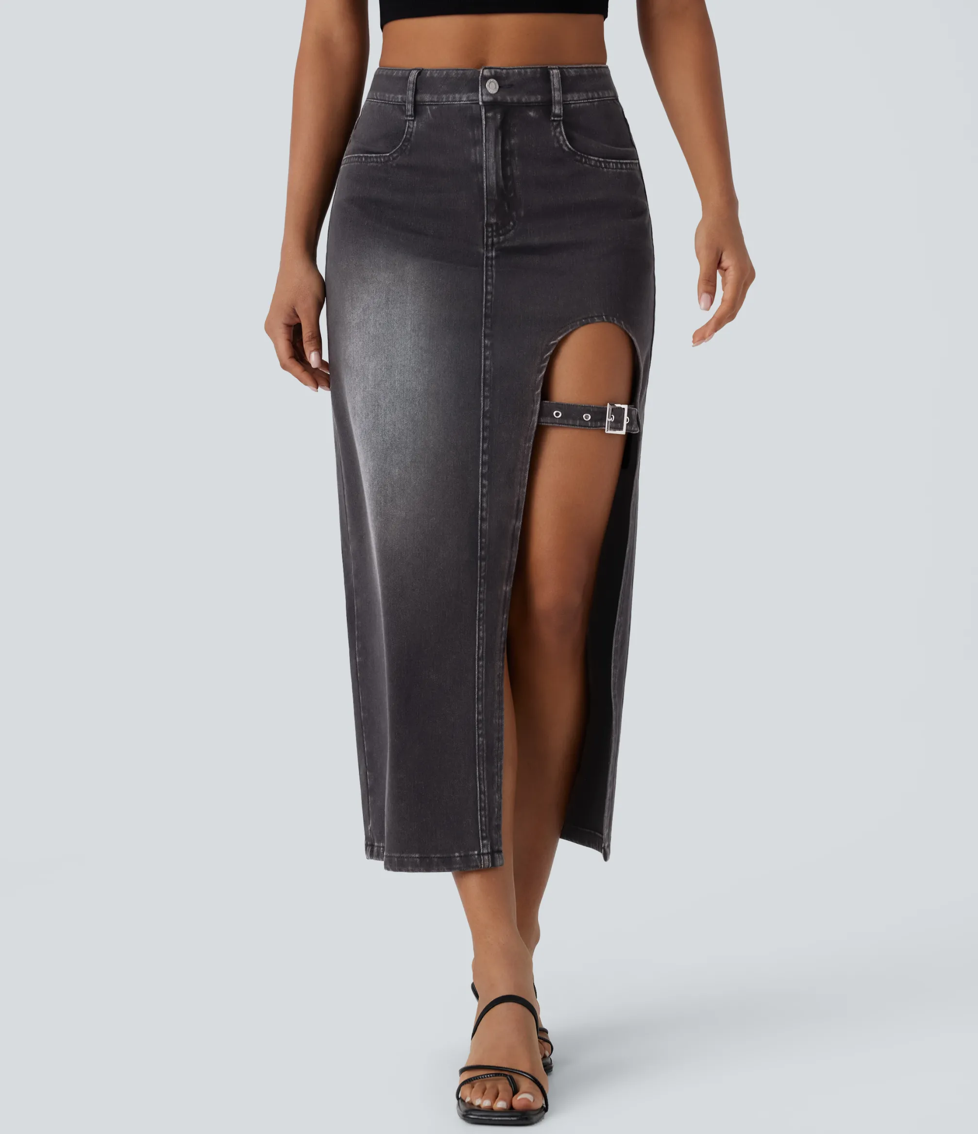 Denim Skirts|Maxi & Midi Skirts<HALARA Flex™ Mid Rise Pockets Adjustable Buckle Midi Washed Denim Casual Skirt