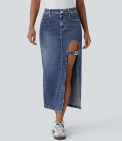 Denim Skirts|Maxi & Midi Skirts<HALARA Flex™ Mid Rise Pockets Adjustable Buckle Midi Washed Denim Casual Skirt