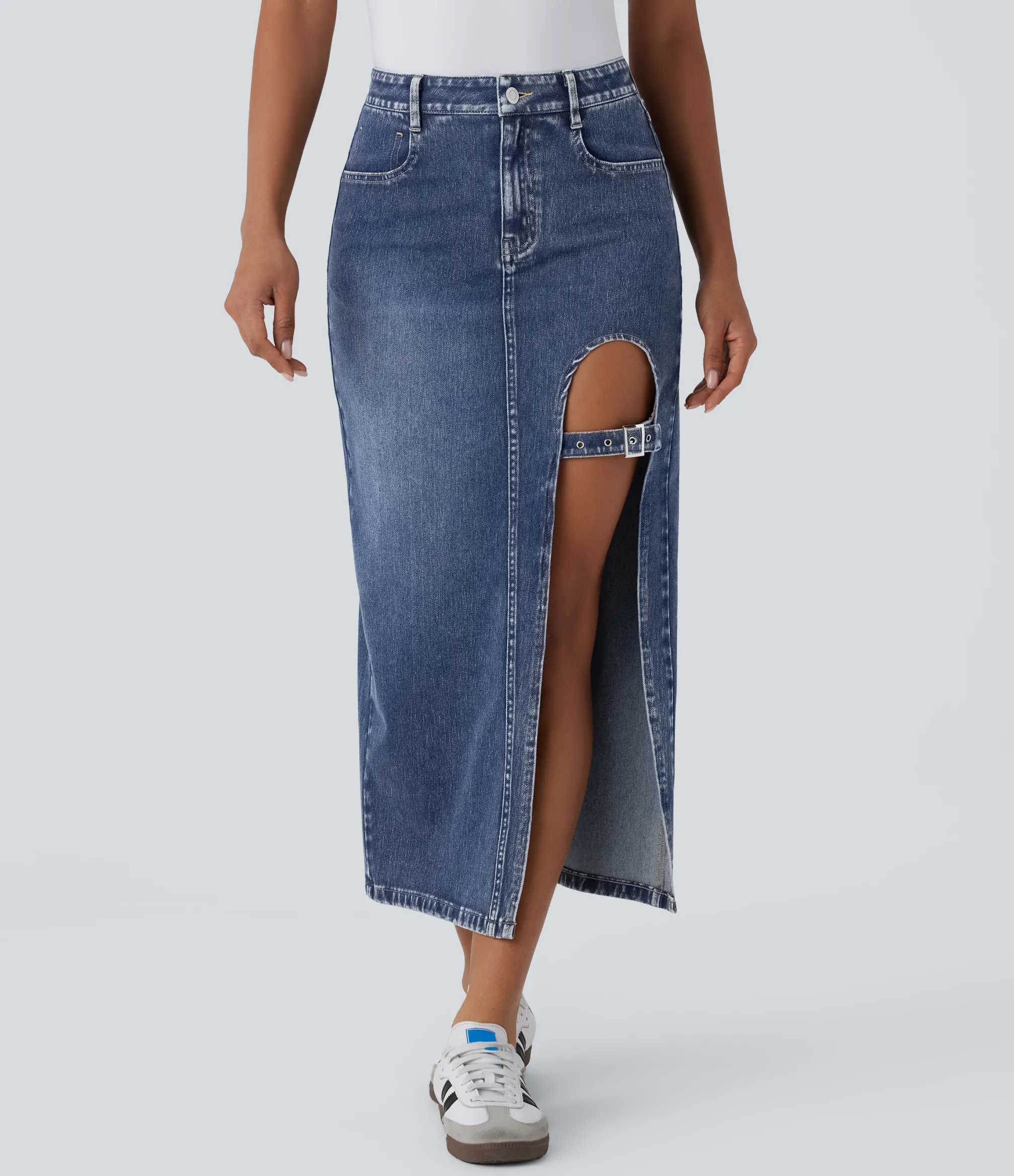 Denim Skirts|Maxi & Midi Skirts<HALARA Flex™ Mid Rise Pockets Adjustable Buckle Midi Washed Denim Casual Skirt