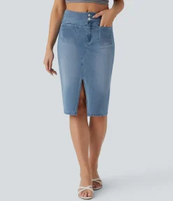 Denim Skirts|Straight-Leg Jeans<HALARA Flex™ Mid Rise Pockets Straight Washed Denim Casual Skirt