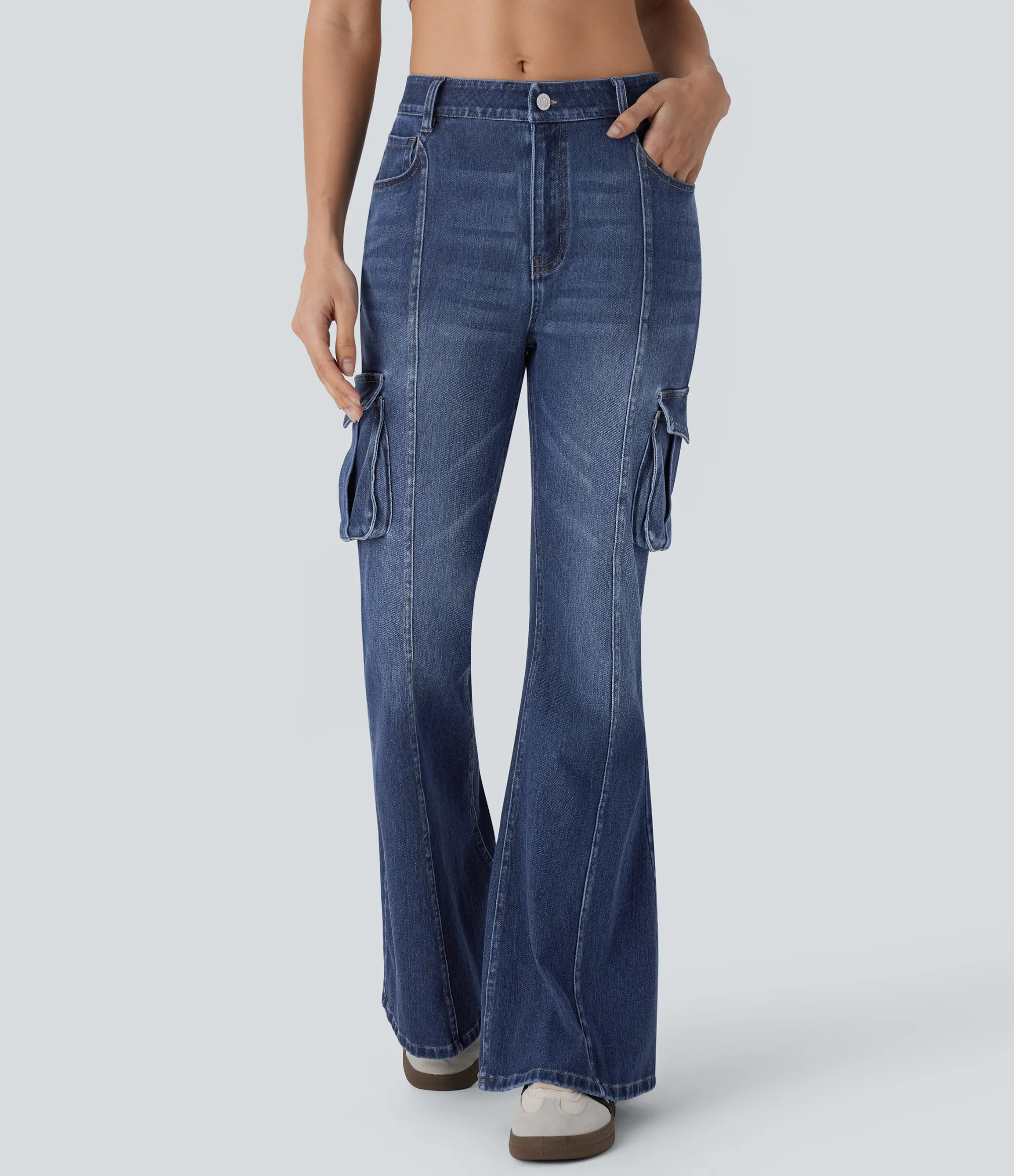 Flare & Bootcut Jeans|Jeans<HALARA Flex™ Mid Rise Pockets Washed Casual Cargo Flare Jeans