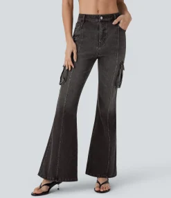 Flare & Bootcut Jeans|Jeans<HALARA Flex™ Mid Rise Pockets Washed Casual Cargo Flare Jeans