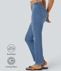 Pocket Leggings|Casual Wear Leggings<HALARA Flex™ Mid Rise Pockets Cool Touch Washed Denim Casual Bootcut Leggings