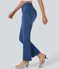 Pocket Leggings|Casual Wear Leggings<HALARA Flex™ Mid Rise Pockets Cool Touch Washed Denim Casual Bootcut Leggings