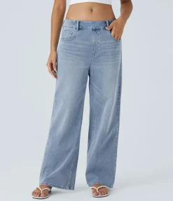 Wide Leg Jeans|Jeans<HALARA Flex™ Mid Rise Pockets Washed Baggy Wide Leg Casual Jeans